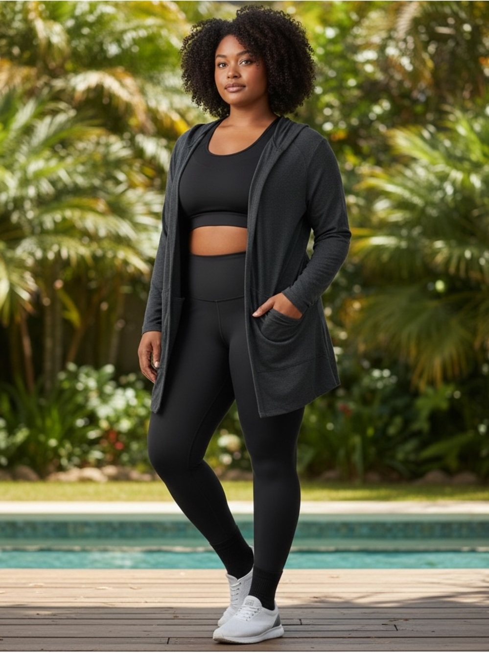 Cozy Soft Fleece Beyond Yoga Charcoal Gray Hooded Open Front Cardigan Jacket